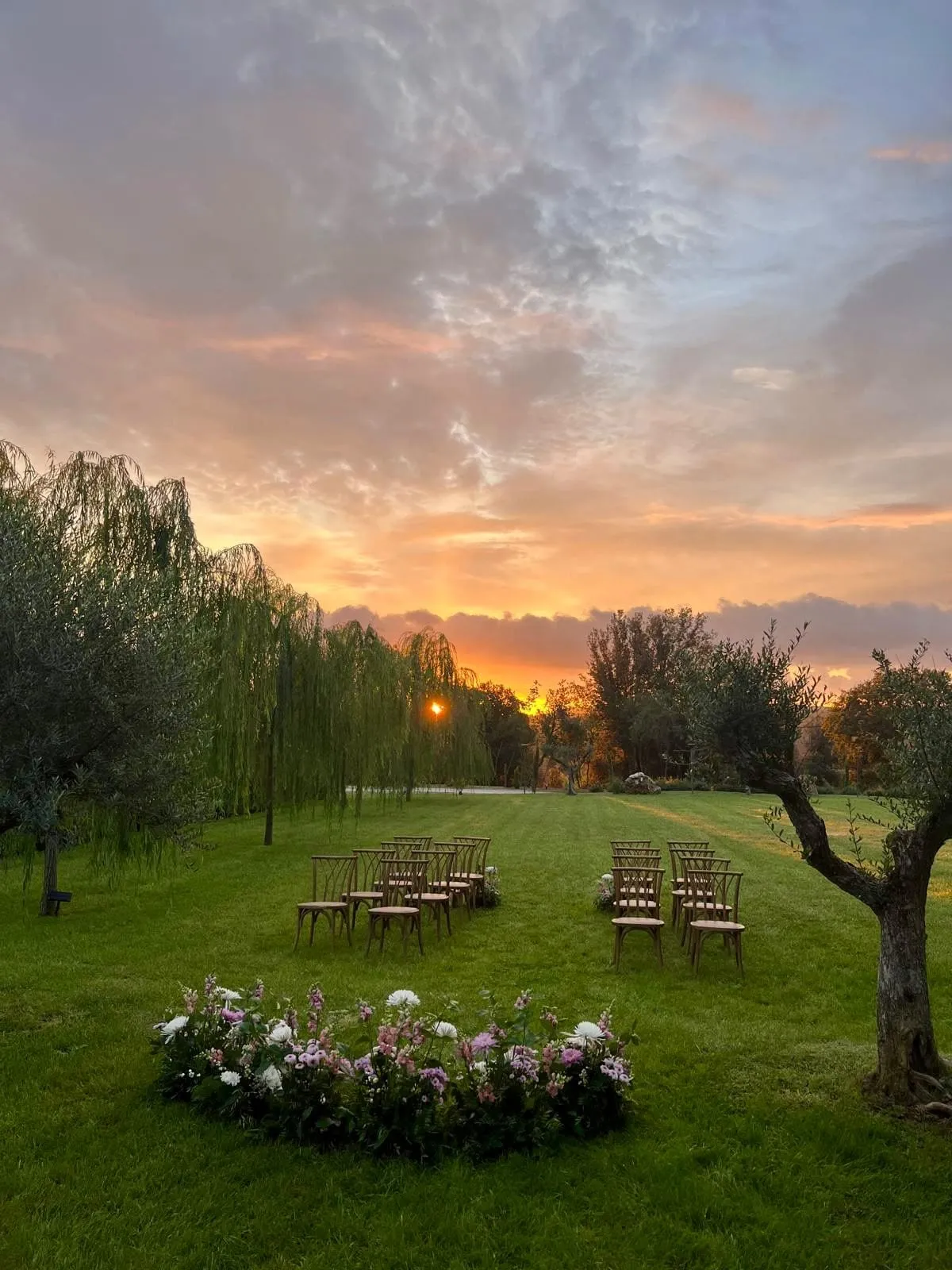 Rows of wooden chairs on the lawn facing a line of willows, under an orange sunset sky